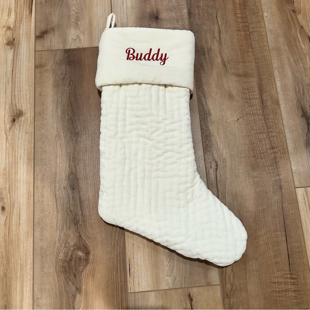 Pottery Barn Ivory Channel Quilted Velvet Stockings Embroidered Buddy